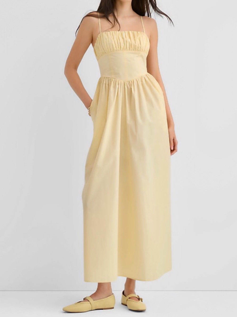 NWT LOFT Pale Yellow Poplin Bustier Maxi Dress w Pockets 18 Tall